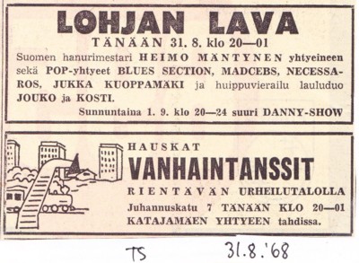 Gig advert in Turun Sanomat 31.08.1968