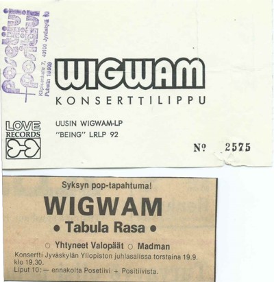 Ticket & advert for Jyväskylä gig 19.09.1974