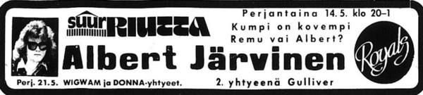 Advert for Riihimäki gig 21.05.76