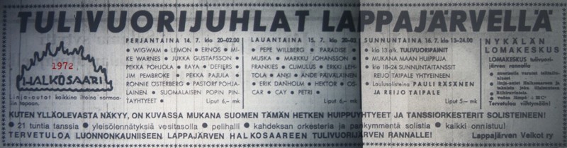 Advert for Lappajärvi 14.-16.07.72
